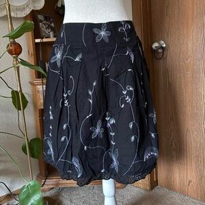 Embroidered Black A-Line Bubble Hem Skirt